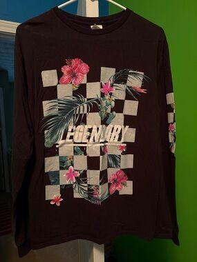 Delta Black Long Sleeve Graphic Tee with Pink Floral and White Checker